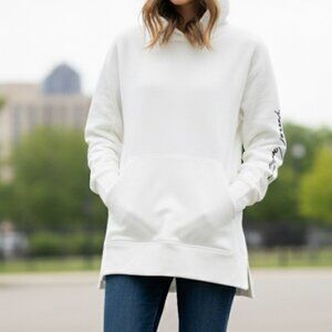EMPORIO ARMANI Women's Embroidered Signature Logo Hoodie Sweatshirt White, Large